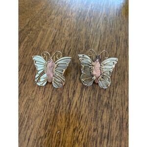 Vintage Handmade Mixed Metal Butterfly Stud Earrings Tri-Tone Silver Gold Copper